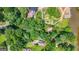 Aerial view of a property with mature trees, and a glimpse of the surrounding neighborhood and green landscape at 610 Lake Dr, Snellville, GA 30039
