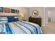 Comfortable bedroom with blue and white striped bedding, artwork, and dark wooden dresser with circular mirror at 1404 Gray Branch Dr, Lawrenceville, GA 30045