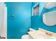 Bathroom featuring an aqua wall color with vanity, sink, toilet, and shower at 113 Caldwell Dr, Hampton, GA 30228