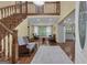 Bright living room with hardwood floors, staircase, chandelier and comfortable seating on the main floor at 190 Willow Lake Ln, Sharpsburg, GA 30277