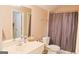 Standard bathroom with a shower curtain, toilet, sink, and mirror above the sink at 330 Bay Grove Rd, Loganville, GA 30052