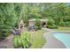 Backyard retreat with an outdoor fireplace, additional seating, and a pool, creating a perfect setting for relaxation at 305 Sherwood Rd, Fayetteville, GA 30215