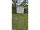 A small white shed located in the backyard at 6265 Gemstone Ct, South Fulton, GA 30349