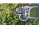 Stunning aerial view of an estate home with a pool, circular driveway, and lush landscaping at 1385 Gordon Rd, Moreland, GA 30259