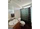 Bathroom featuring a modern sink, toilet, and a shower with patterned shower curtain for privacy at 301 Leland Ct, Mcdonough, GA 30253