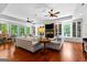 Sun-drenched living room boasts custom bookshelves, fireplace, and abundant natural light at 654 Cannon Rd, Sharpsburg, GA 30277