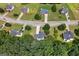Aerial view of a neighborhood featuring well-manicured lawns, large homes, and mature trees at 1028 Gloria Grand Blvd, Mcdonough, GA 30252