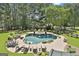 Aerial view of a backyard oasis with a pool, waterfall, lush landscaping, and lounge areas at 30 Dorset Ct, Sharpsburg, GA 30277