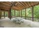 Covered porch with picnic table and wooded view, perfect for outdoor dining and relaxation at 177 Selfridge Rd, Mcdonough, GA 30252
