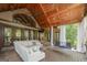 Inviting covered patio with a seating area, wooden ceiling, and an outdoor dining space perfect for relaxation at 177 Selfridge Rd, Mcdonough, GA 30252