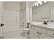 Bathroom featuring a shower-tub combo, and a vanity with solid surface countertop at 2118 Cherry Tree Ln, Peachtree City, GA 30269