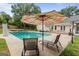 Relaxing backyard pool featuring a slide, umbrella, and lounging chairs, perfect for outdoor enjoyment at 537 Country Lake Dr, Mcdonough, GA 30252