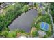 A high-angle view of lake with surrounding luxury homes, lush trees and a blue tennis court on the property at 1952 Sugarstone Dr, Lawrenceville, GA 30043