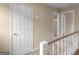 Upstairs hallway with neutral walls and a white banister leading to the bedrooms at 778 Leguin Mill Rd, Locust Grove, GA 30248