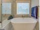 Modern soaking tub with stylish chrome faucet and large window providing natural light at 3076 East Lake Rd, Mcdonough, GA 30252