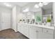 Bathroom showcasing a double vanity with white cabinets, and framed mirror at 140 Canyons, Hampton, GA 30228
