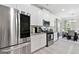 Modern kitchen featuring stainless steel appliances, white cabinetry, and granite countertops at 140 Canyons, Hampton, GA 30228
