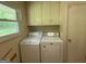 Functional laundry room featuring a washer, dryer, and storage cabinets at 402 Stone St, Oxford, GA 30054