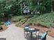 Secluded backyard oasis featuring a patio, mature trees, lush greenery, and a charming elevated playhouse for relaxation at 220 Lavender Oasis, Peachtree City, GA 30269