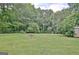Lush green backyard with mature trees, shed, and tree stump feature at 260 Sharon Dr, Fayetteville, GA 30214