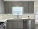 Updated kitchen with gray cabinets, stainless appliances, white countertops, and a bright eat-in area at 116 Cardell Farms Rd, Locust Grove, GA 30248