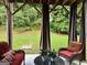 View of backyard through the columns of a covered patio, featuring comfortable seating at 6131 Sparkling Cove Ln, Buford, GA 30518