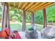 Cozy covered patio featuring outdoor seating and views of the green backyard at 6131 Sparkling Cove Ln, Buford, GA 30518