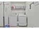The laundry room includes a washer, dryer, storage shelf with laundry supplies and decorations at 110 Sunflower St, Tyrone, GA 30290