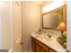 Bathroom featuring a wood vanity, white countertop, framed mirror, decorative lighting, and plant accents at 280 Ridgemont Dr, Fayetteville, GA 30215