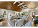 Living room featuring wood ceiling, plush seating, and views into the kitchen and dining area at 2944 Braithwood Ne Ct, Atlanta, GA 30345