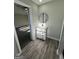 Bathroom featuring modern single vanity and glass enclosed shower at 295 Lamden Ct, Lawrenceville, GA 30046