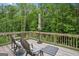 Outdoor deck with wooded views, patio furniture, and an umbrella for shade at 5662 Valley Loop, Fairburn, GA 30213