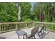 Outdoor deck with wooded views, patio furniture, and an umbrella at 5662 Valley Loop, Fairburn, GA 30213