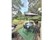 Outdoor deck with a table, chairs, umbrella, and a view of the green lawn and surrounding trees at 165 Cedar Ridge Rd, Locust Grove, GA 30248