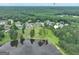Aerial view of homes surrounded by lush trees overlooking a lake, creating a serene residential environment at 383 Beaumont Farms Dr, Sharpsburg, GA 30277