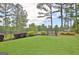 Lush backyard featuring a well-maintained lawn, mature trees, and a fenced boundary at 383 Beaumont Farms Dr, Sharpsburg, GA 30277