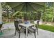 Backyard patio with outdoor dining set under umbrella, lush green trees, and lawn provides a relaxing space at 905 Creekmore Ln, Loganville, GA 30052