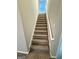 Carpeted stairway with white railing leads to the upper level of the home at 237 Shockley Way, Dallas, GA 30157