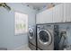 Well-lit laundry room featuring side-by-side washer and dryer, bright window, and ample storage at 5833 Wembley Dr, Douglasville, GA 30135