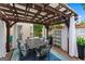 Inviting outdoor patio featuring a pergola with lighting, a dining set and blue rug to enjoy al fresco dining at 5833 Wembley Dr, Douglasville, GA 30135