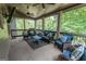 Spacious screened porch featuring comfortable outdoor seating, ceiling fans, and a tranquil view of the trees at 6248 Sunshine Cove Ln, Buford, GA 30518