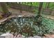 A serene backyard pond features a rocky border and lush greenery, creating a tranquil outdoor space at 103 Everhill, Peachtree City, GA 30269