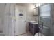 Bathroom featuring marble walls, glass-enclosed shower, white vanity, and vessel sink at 3368 Alhambra Cir, Hampton, GA 30228