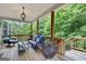 Relaxing back porch with comfortable seating, wood decking, and private wooded views at 2307 Loughridge Dr, Buford, GA 30519