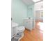 Bathroom with wood-look floors, a sink and toilet with light green walls at 465 Haynie Rd, Moreland, GA 30259