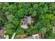 Aerial view of home surrounded by lush mature trees, landscaped yard, pool, and long driveway at 770 Spalding Heights Dr, Atlanta, GA 30350