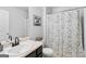 Clean bathroom featuring a modern vanity and shower with a stylish curtain at 107 Meadowbrook Ln, Grantville, GA 30220