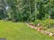 Green backyard with rock border and lush tree line at 4147 Alayna Lee Cir, Mcdonough, GA 30252