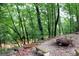 Scenic wooded backyard featuring a fire pit and gravel floor at 1310 Larkview Sw Dr, Lilburn, GA 30047