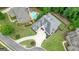 Birds-eye view of a luxurious home with a pool, lush lawn, and circular driveway in a leafy neighborhood at 6017 Chestatee Creek Nw Ct, Acworth, GA 30101